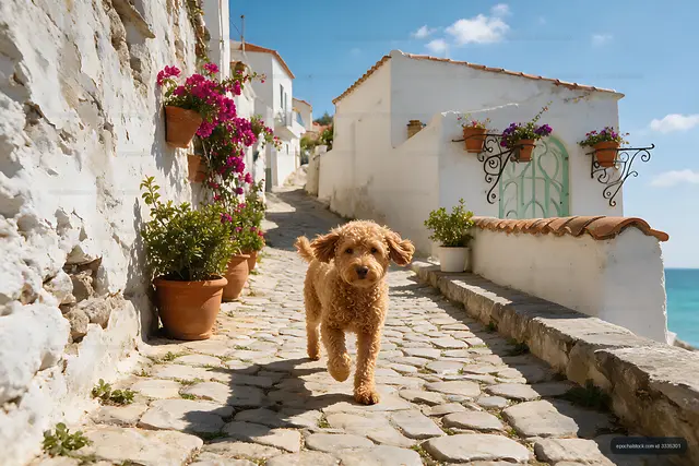 Curly-coated dog walking beside whitewashed homes