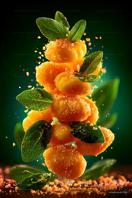 Bright orange dessert stack with green leaf garnish