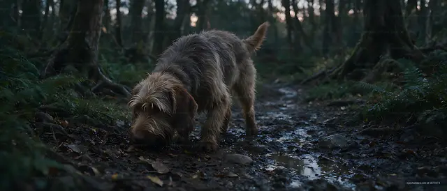 Dog investigating puddles on a forest path