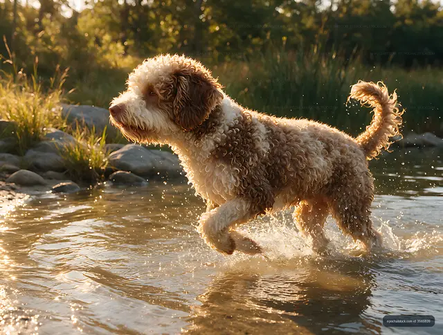 Dog running through sunlit shallow water