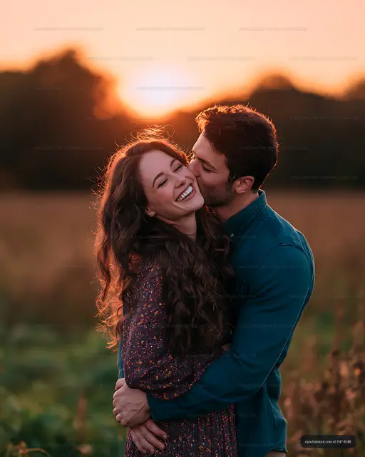 Romantic couple embracing during a glowing sunset