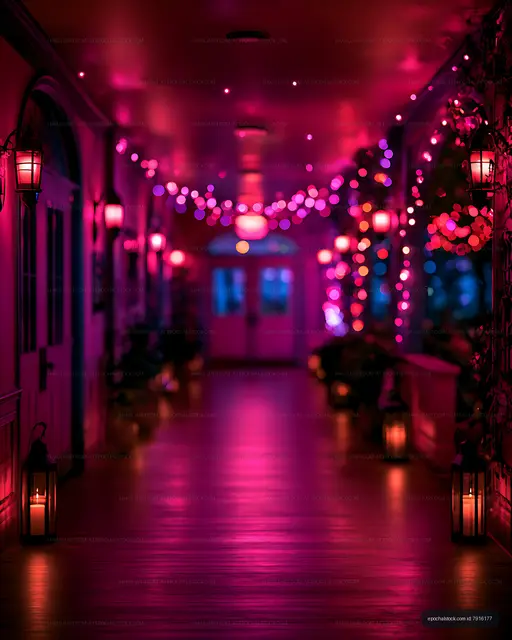Empty neon pink corridor with lanterns and blurred lights