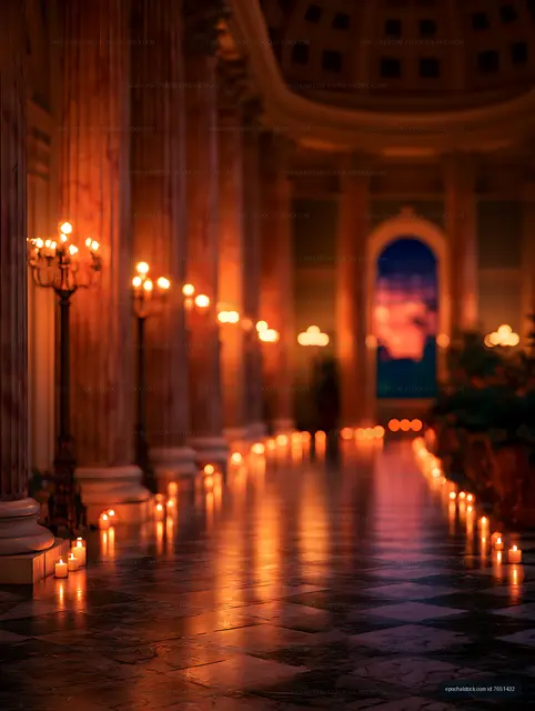 Candlelit architectural hall with reflective floor
