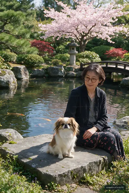 Small dog and owner beside pond in flowering garden