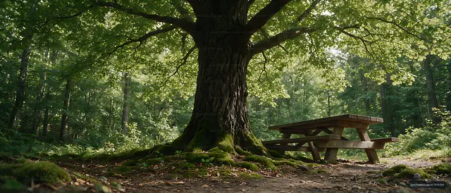 Forest picnic table beneath a large shade tree