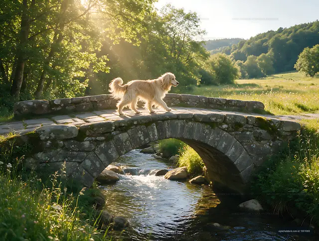 Long-haired dog crossing a stone bridge in warm sunlight