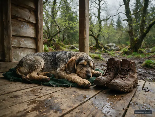 Sleeping shaggy puppy with hiking boots in a woodland setting