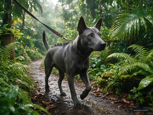 Leashed dog walking on a lush tropical forest path
