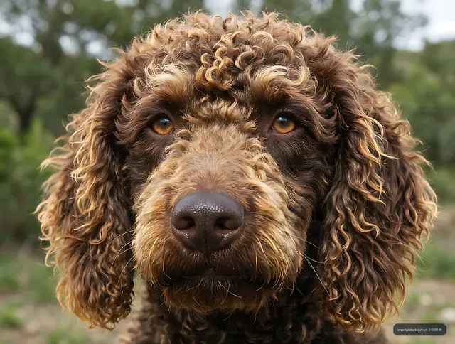 Curly-coated brown dog in outdoor close-up