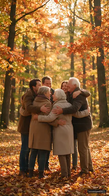 Six family members embracing in a sunlit autumn forest