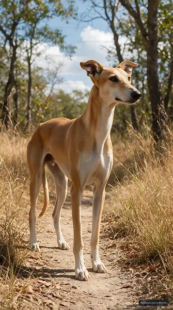 Distinctive long-legged dog in a forest setting
