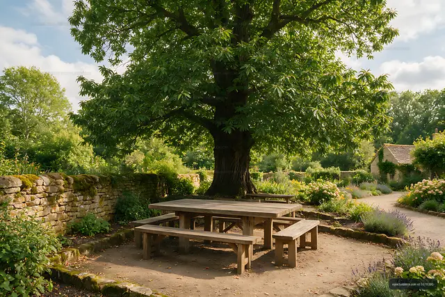 Peaceful garden picnic table under a mature shade tree