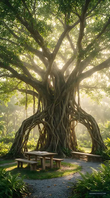 Sunlit picnic setting beneath a sprawling banyan tree