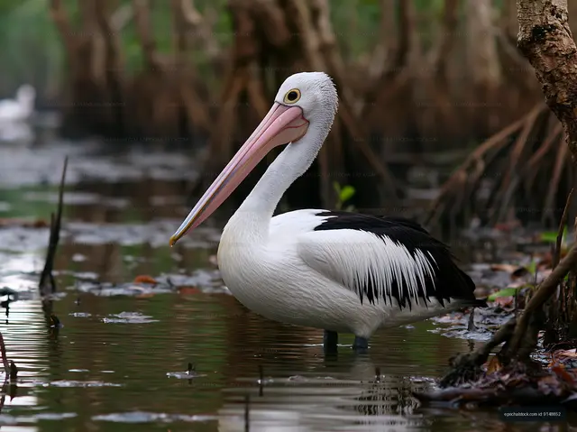 Close View of Pelican by Mangrove Water