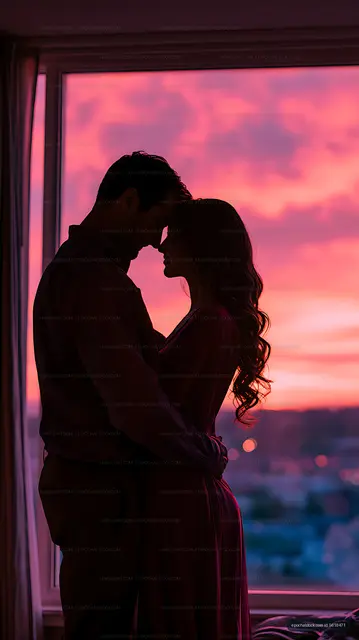 Couple embracing in silhouette against a colorful sunset