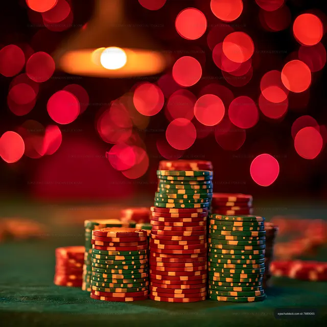 Red and green casino chip stacks with warm bokeh
