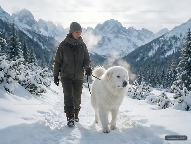 Large white dog and owner on a snowy mountain trail