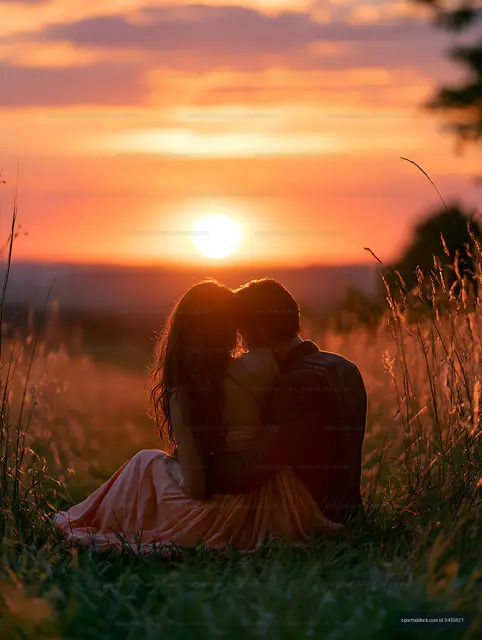 Two people embracing in a sunlit meadow