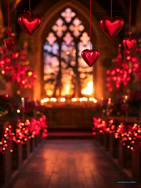 Red heart ornaments glowing over a romantic light-filled walkway