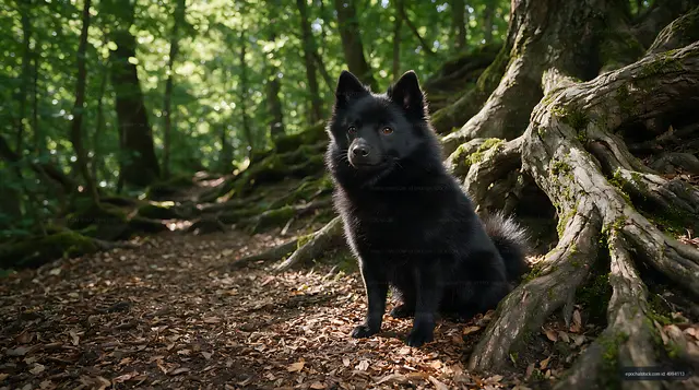Black dog beside mossy roots in a sunlit forest