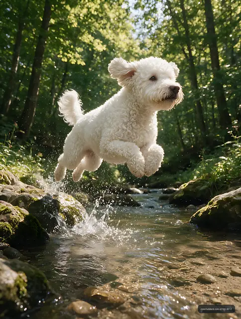 Curly white dog splashing across a forest stream