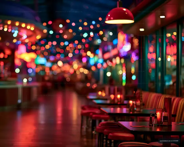 Atmospheric restaurant dining room illuminated by neon bokeh