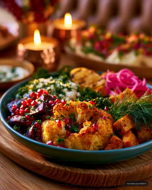 Roasted vegetables with pomegranate and fresh herbs