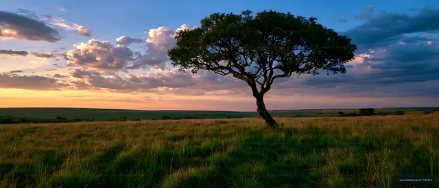 Lone tree and tall grass beneath colorful sunset clouds