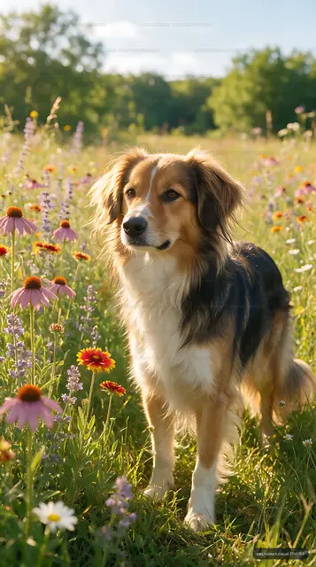Attentive long-haired dog in a flowering meadow