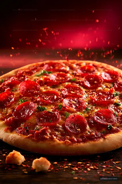 Close-up pepperoni pizza with herbs and melted cheese