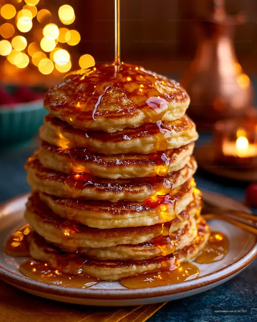 Warmly lit pancakes with cascading maple syrup