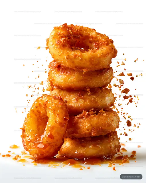 Glossy golden pastry stack with scattered crumbs