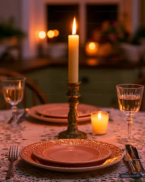 Elegant dinner setting illuminated by candles