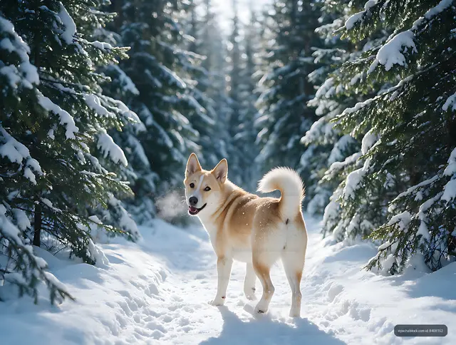Dog on snow-covered trail among evergreens