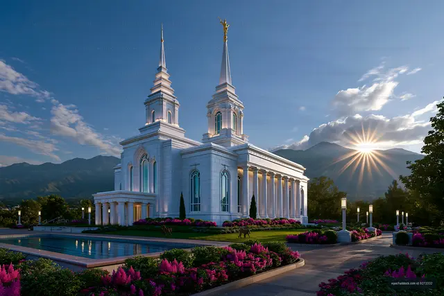 White temple and landscaped grounds beneath a mountain sunset