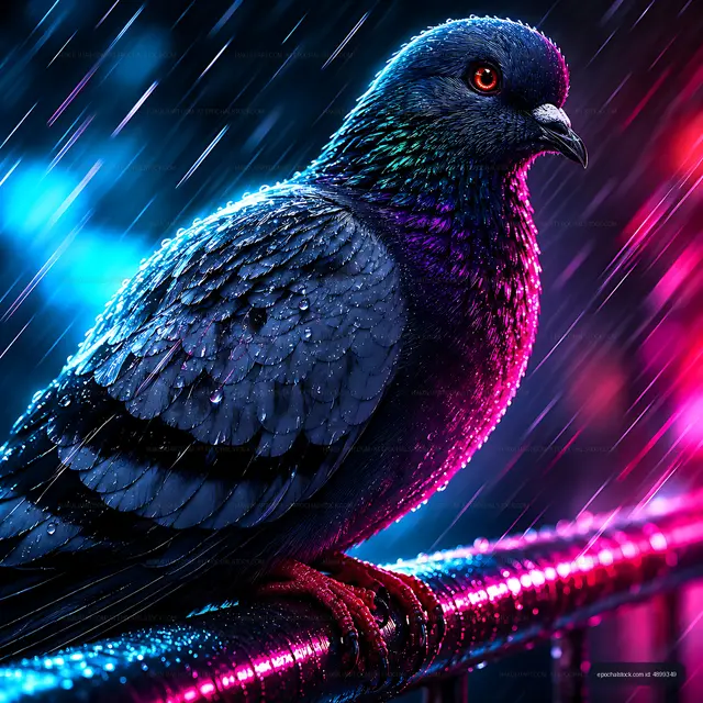 Pigeon standing on railing in rainy urban setting at night