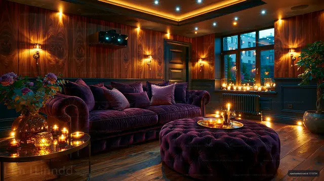 Warm luxury lounge interior with purple velvet seating