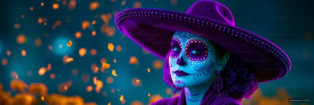 Colorful portrait with skull-inspired makeup and sombrero
