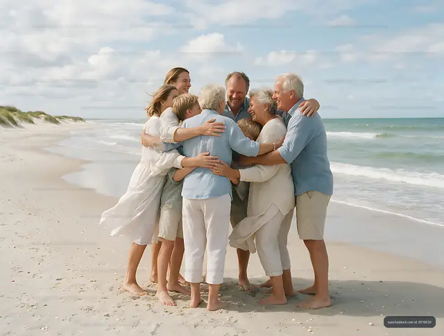Large family embracing together on a beach shoreline