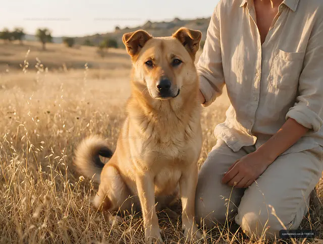 Dog and seated owner in a dry grassy landscape