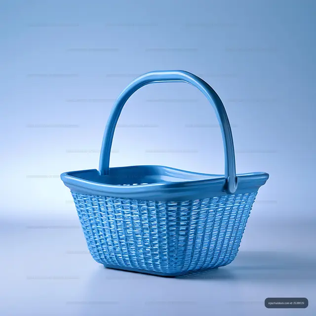 Blue plastic retail basket with raised handle