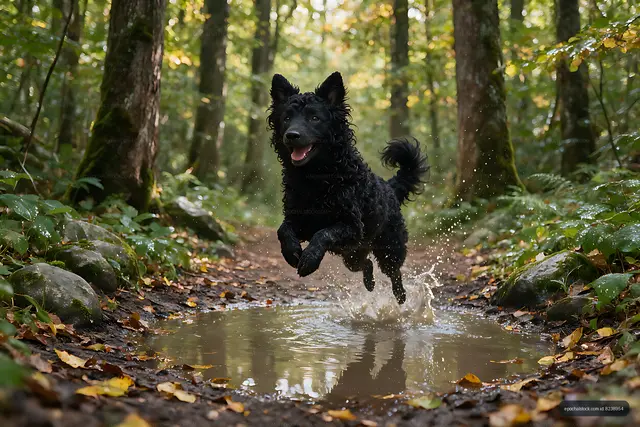 Curly black dog jumping through water in the forest