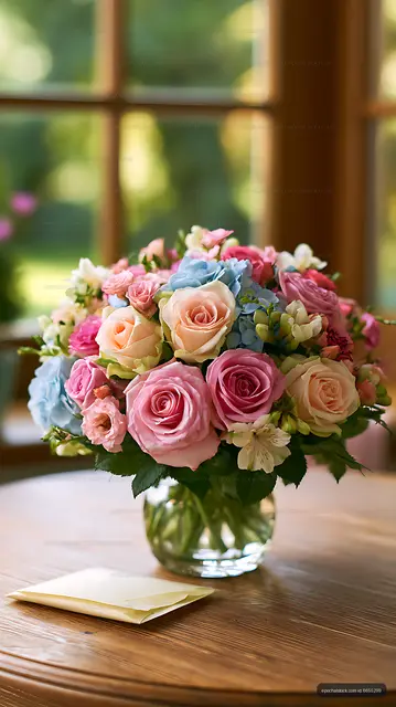 Pastel roses and mixed flowers in a vase by a window