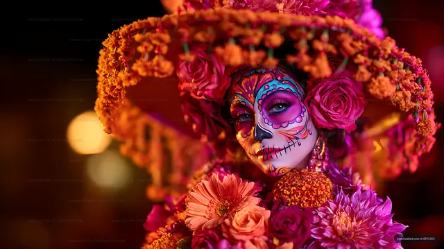 Colorful sugar skull makeup surrounded by flowers