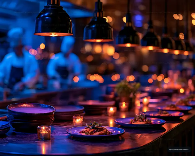 Colorful candlelit restaurant interior with plated dishes