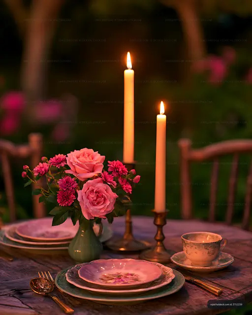 Elegant candlelit garden dinner setting with pink flowers