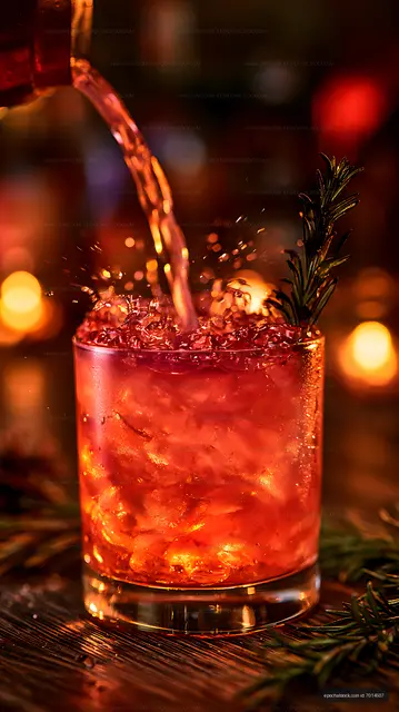 Vibrant red cocktail with rosemary garnish and liquid stream