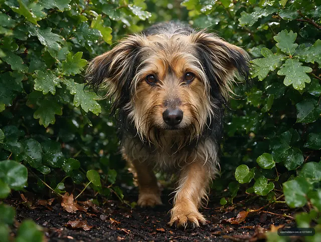 Shaggy long-haired dog in rainy forest foliage
