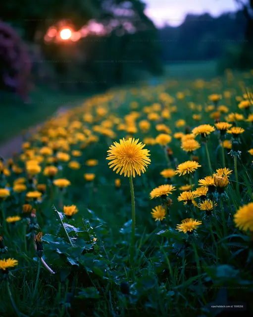 Yellow flowers bloom in a field during sunset