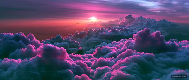 Vivid sunset light over towering cloud formations